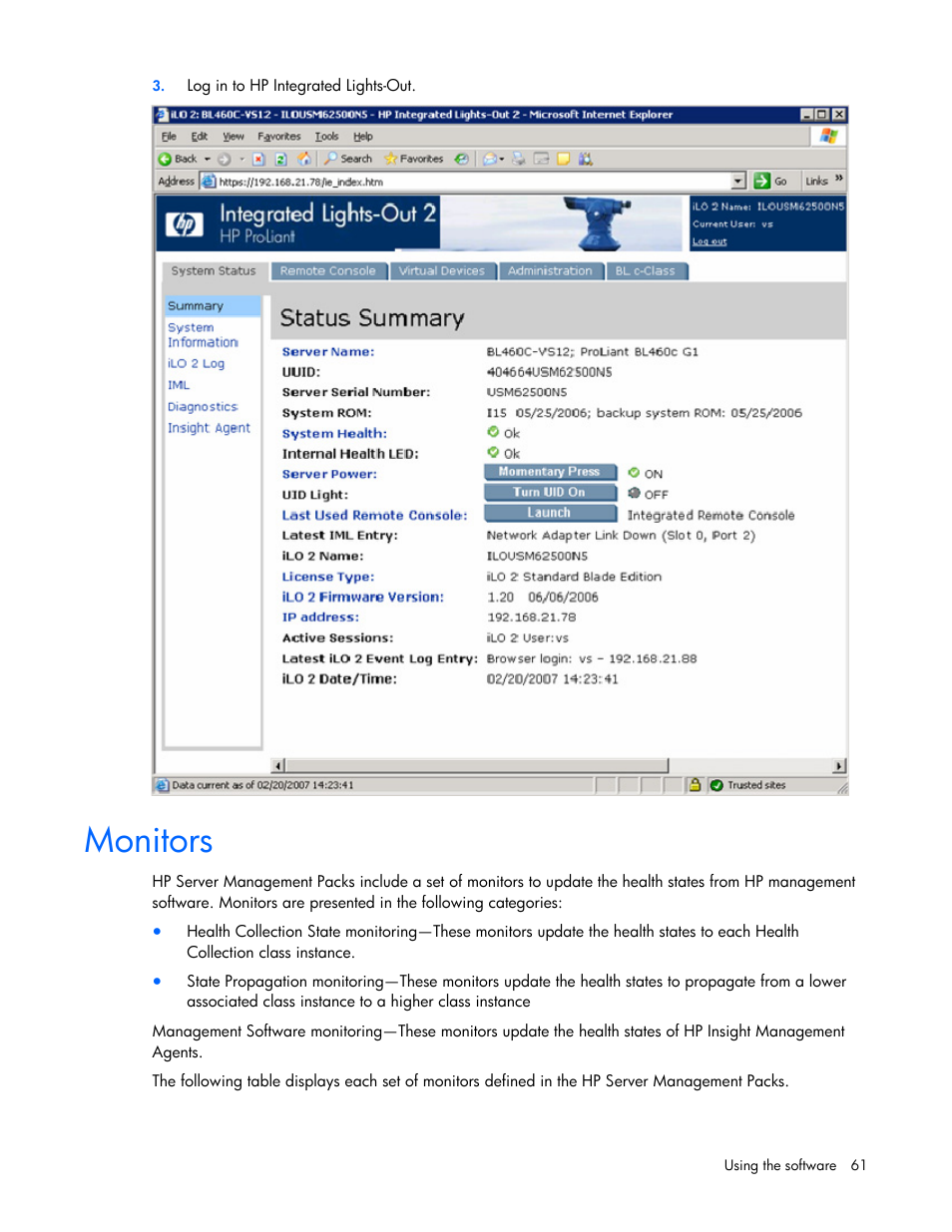 Monitors | HP Server Management Packs for Microsoft System Center Essentials User Manual | Page 61 / 86