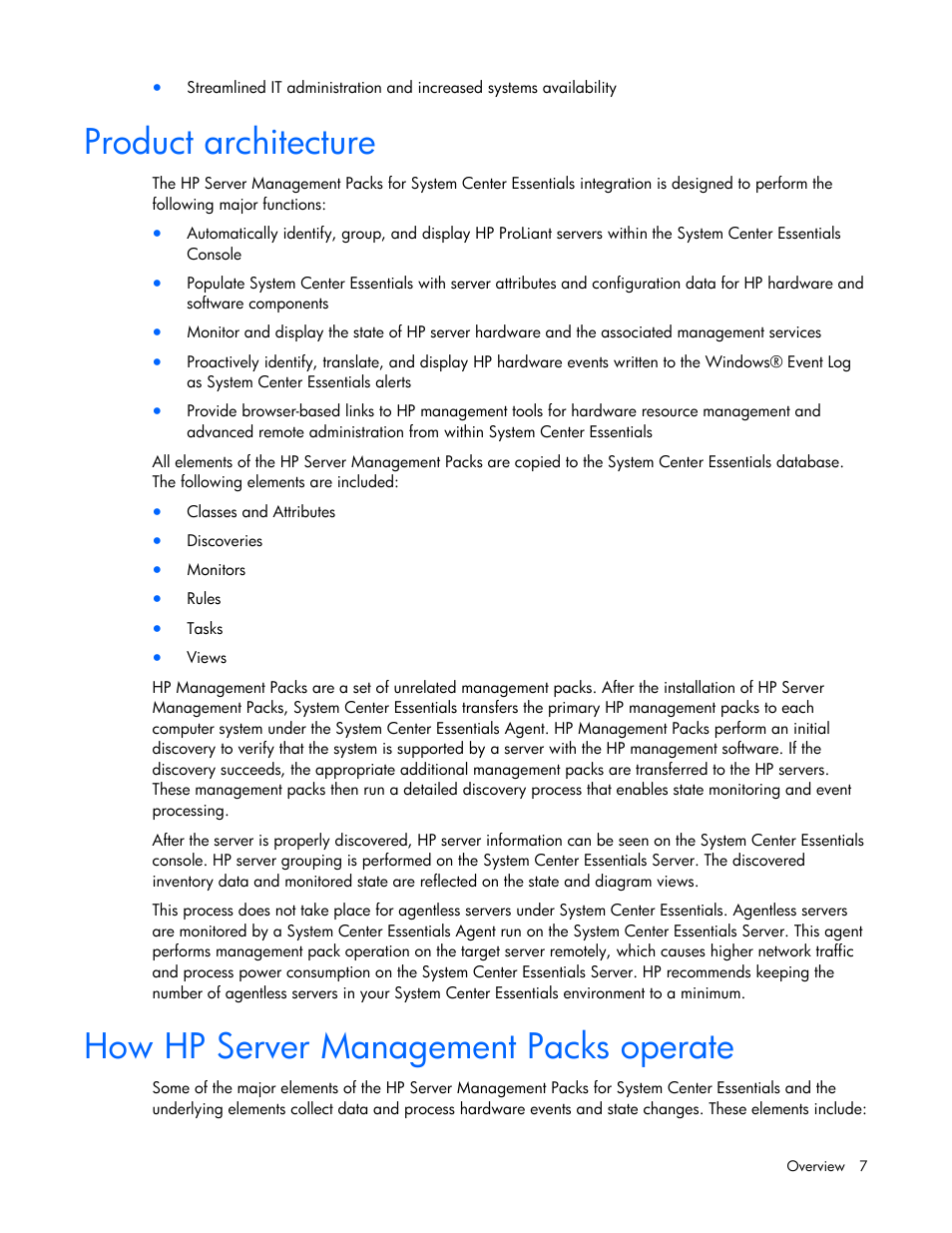 Product architecture, How hp server management packs operate | HP Server Management Packs for Microsoft System Center Essentials User Manual | Page 7 / 86