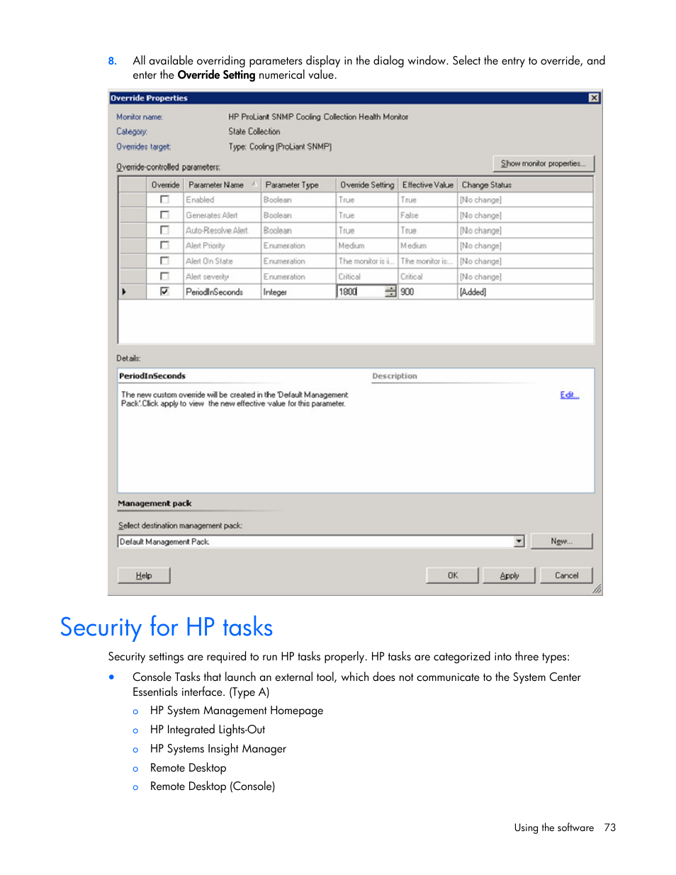 Security for hp tasks | HP Server Management Packs for Microsoft System Center Essentials User Manual | Page 73 / 86