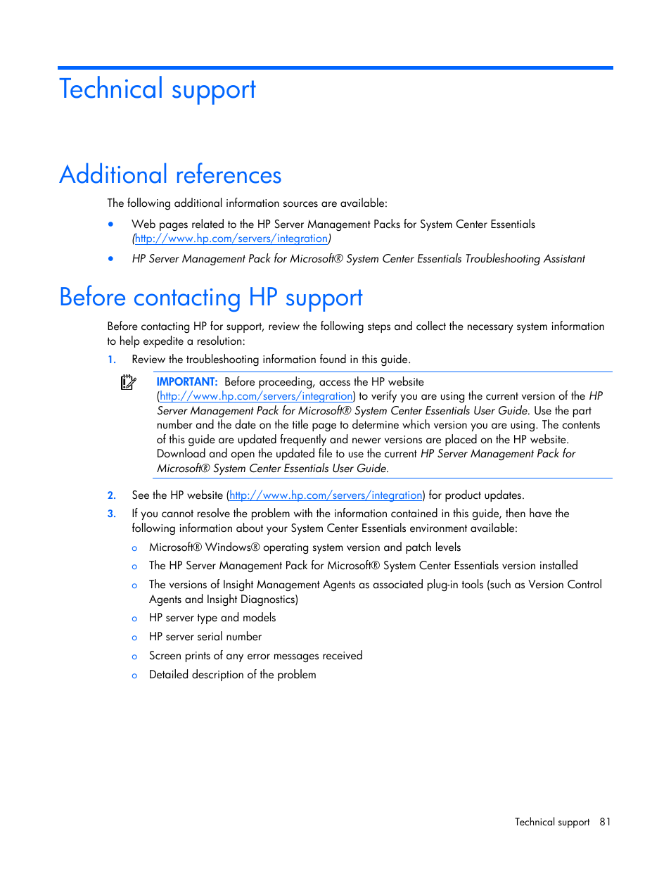 Technical support, Additional references, Before contacting hp support | HP Server Management Packs for Microsoft System Center Essentials User Manual | Page 81 / 86