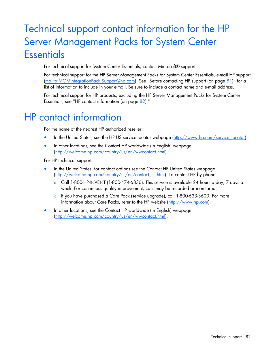 Hp contact information | HP Server Management Packs for Microsoft System Center Essentials User Manual | Page 82 / 86