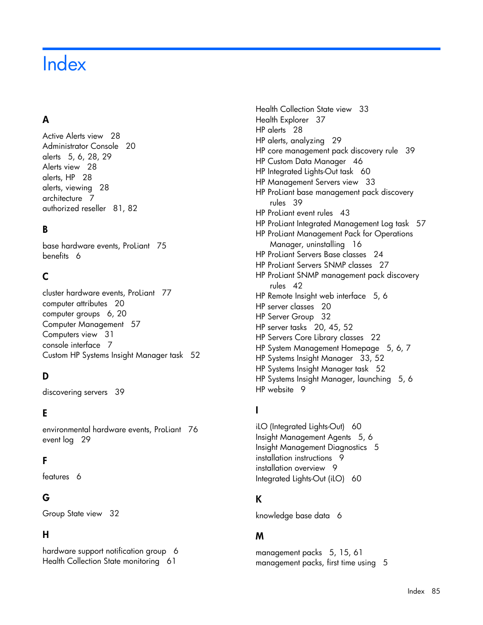 Index | HP Server Management Packs for Microsoft System Center Essentials User Manual | Page 85 / 86