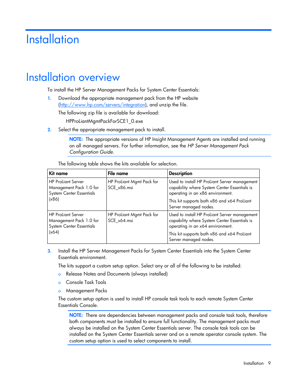 Installation, Installation overview | HP Server Management Packs for Microsoft System Center Essentials User Manual | Page 9 / 86