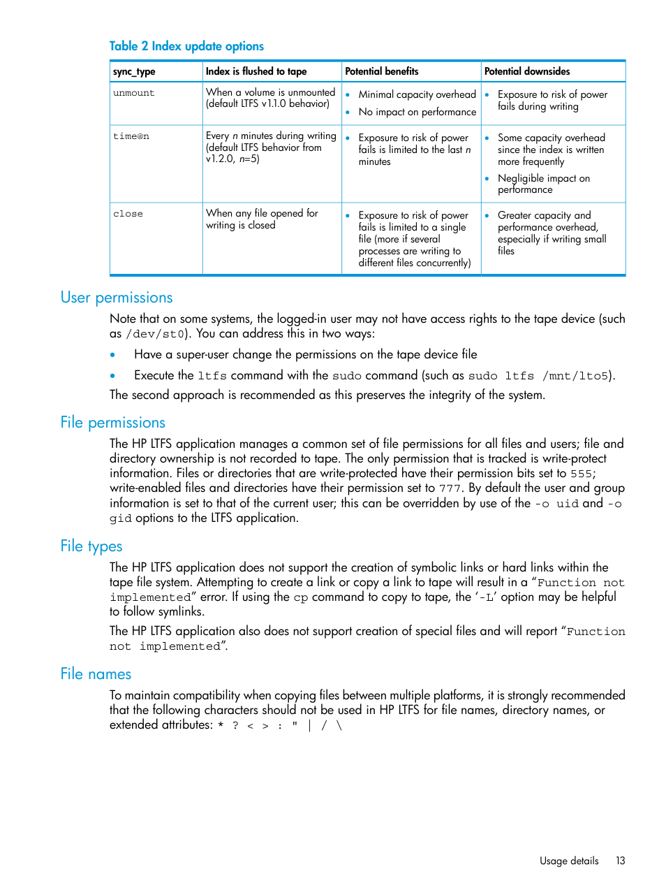 User permissions, File permissions, File types | File names | HP StoreEver Ultrium Tape Drives User Manual | Page 13 / 20