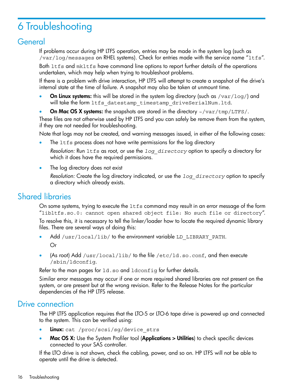 6 troubleshooting, General, Shared libraries | Drive connection, General shared libraries drive connection | HP StoreEver Ultrium Tape Drives User Manual | Page 16 / 20