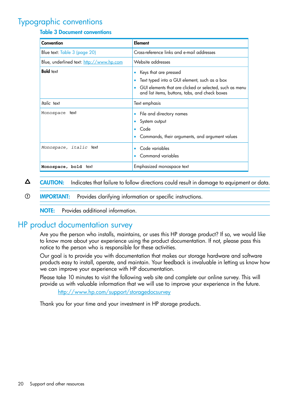 Typographic conventions, Hp product documentation survey | HP StoreEver Ultrium Tape Drives User Manual | Page 20 / 20