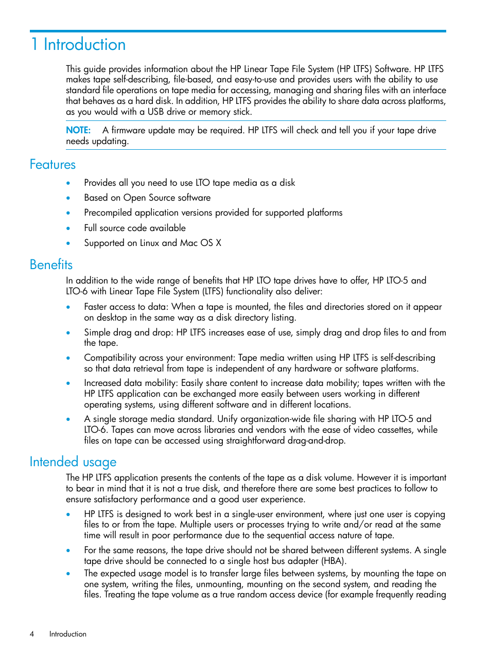 1 introduction, Features, Benefits | Intended usage, Features benefits intended usage | HP StoreEver Ultrium Tape Drives User Manual | Page 4 / 20