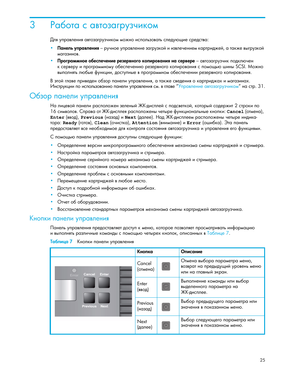 Работа с автозагрузчиком, Обзор панели управления, Кнопки панели управления | Таблица 7 кнопки панели управления | HP Ленточный автозагрузчик HP StorageWorks DAT 72x10 User Manual | Page 25 / 58