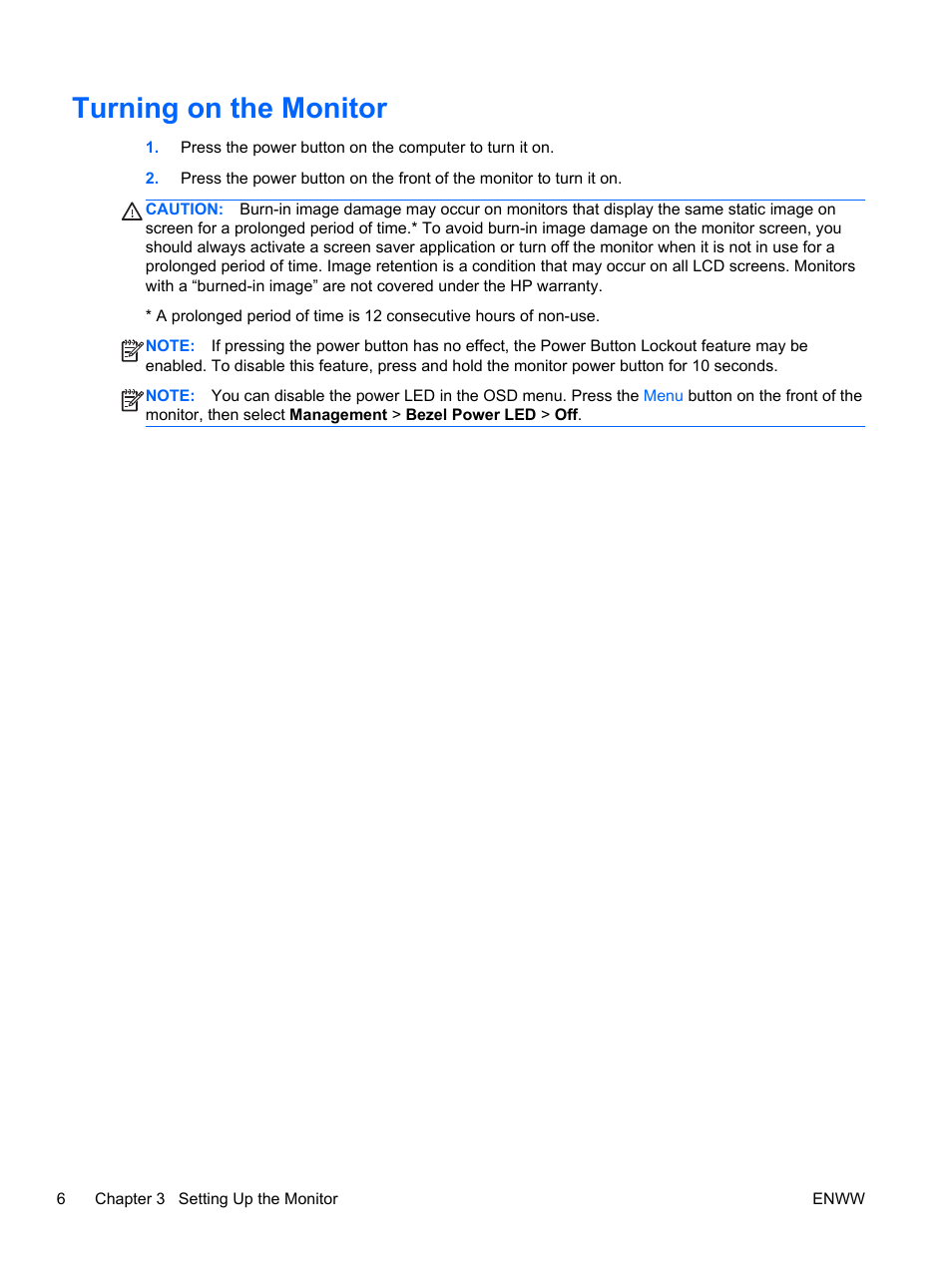 Turning on the monitor | HP L1506x 15-inch Non-Touch Monitor User Manual | Page 12 / 37