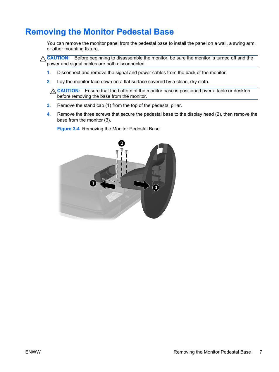 Removing the monitor pedestal base | HP L1506x 15-inch Non-Touch Monitor User Manual | Page 13 / 37