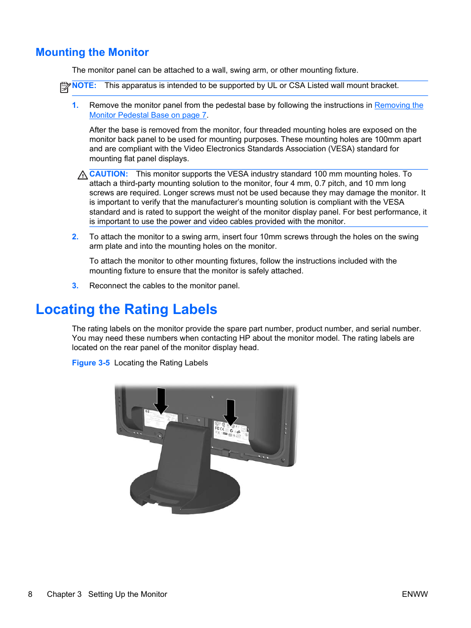 Mounting the monitor, Locating the rating labels | HP L1506x 15-inch Non-Touch Monitor User Manual | Page 14 / 37