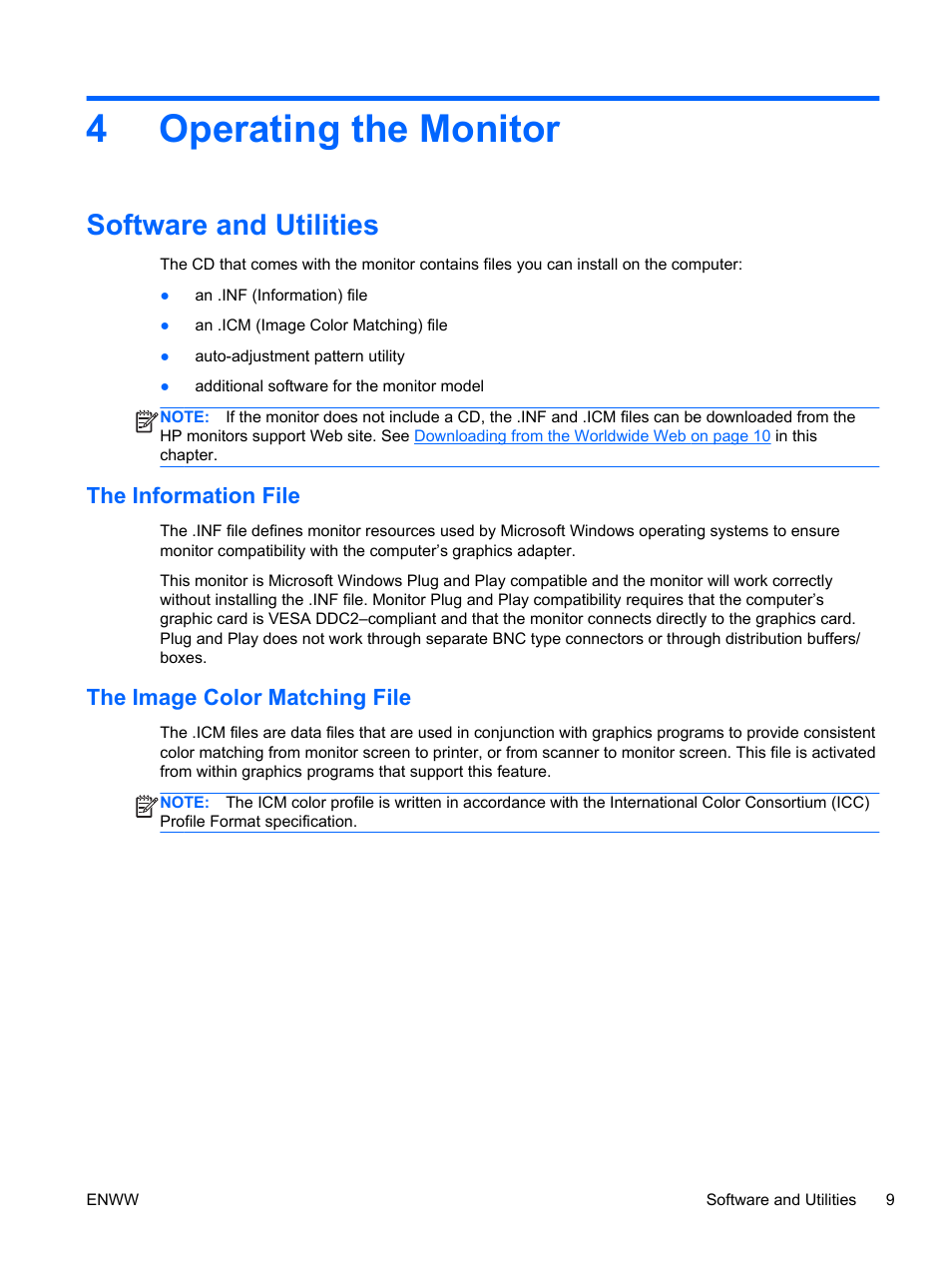 Operating the monitor, Software and utilities, The information file | The image color matching file, 4 operating the monitor, The information file the image color matching file, 4operating the monitor | HP L1506x 15-inch Non-Touch Monitor User Manual | Page 15 / 37