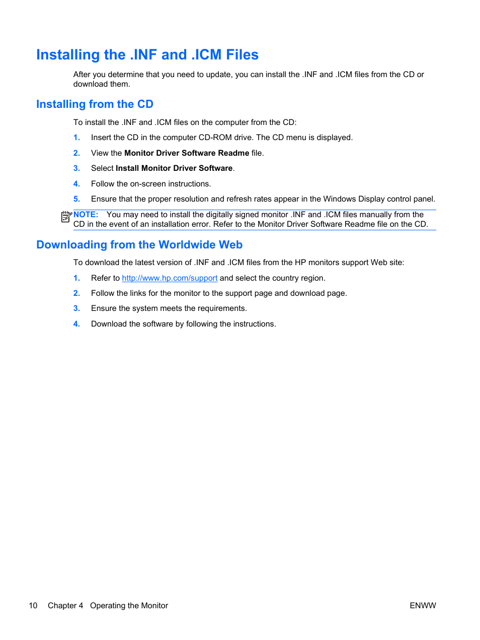 Installing the .inf and .icm files, Installing from the cd, Downloading from the worldwide web | HP L1506x 15-inch Non-Touch Monitor User Manual | Page 16 / 37