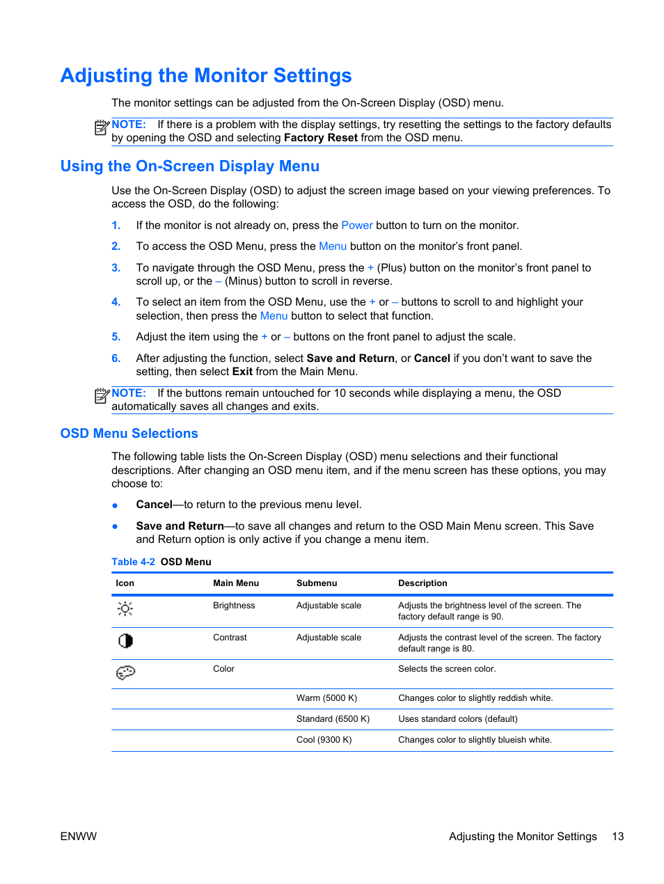 Adjusting the monitor settings, Using the on-screen display menu, Osd menu selections | HP L1506x 15-inch Non-Touch Monitor User Manual | Page 19 / 37