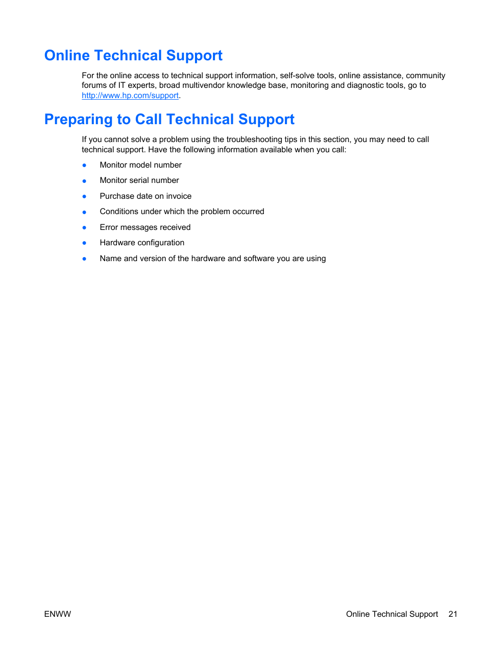Online technical support, Preparing to call technical support | HP L1506x 15-inch Non-Touch Monitor User Manual | Page 27 / 37