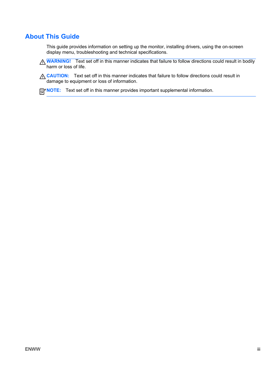 About this guide | HP L1506x 15-inch Non-Touch Monitor User Manual | Page 3 / 37