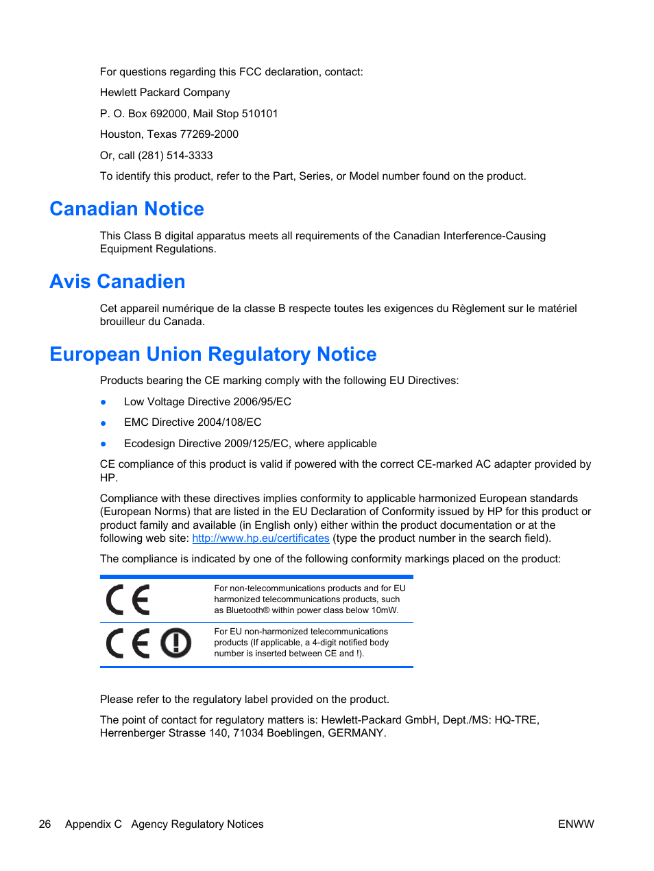 Canadian notice, Avis canadien, European union regulatory notice | HP L1506x 15-inch Non-Touch Monitor User Manual | Page 32 / 37