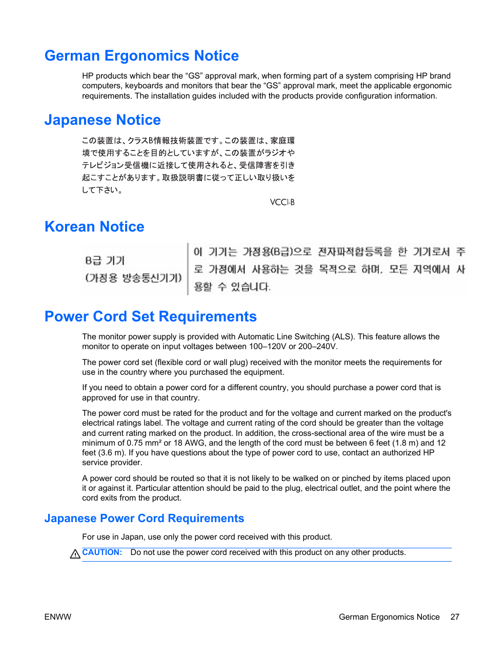 German ergonomics notice, Japanese notice, Korean notice | Power cord set requirements, Japanese power cord requirements | HP L1506x 15-inch Non-Touch Monitor User Manual | Page 33 / 37