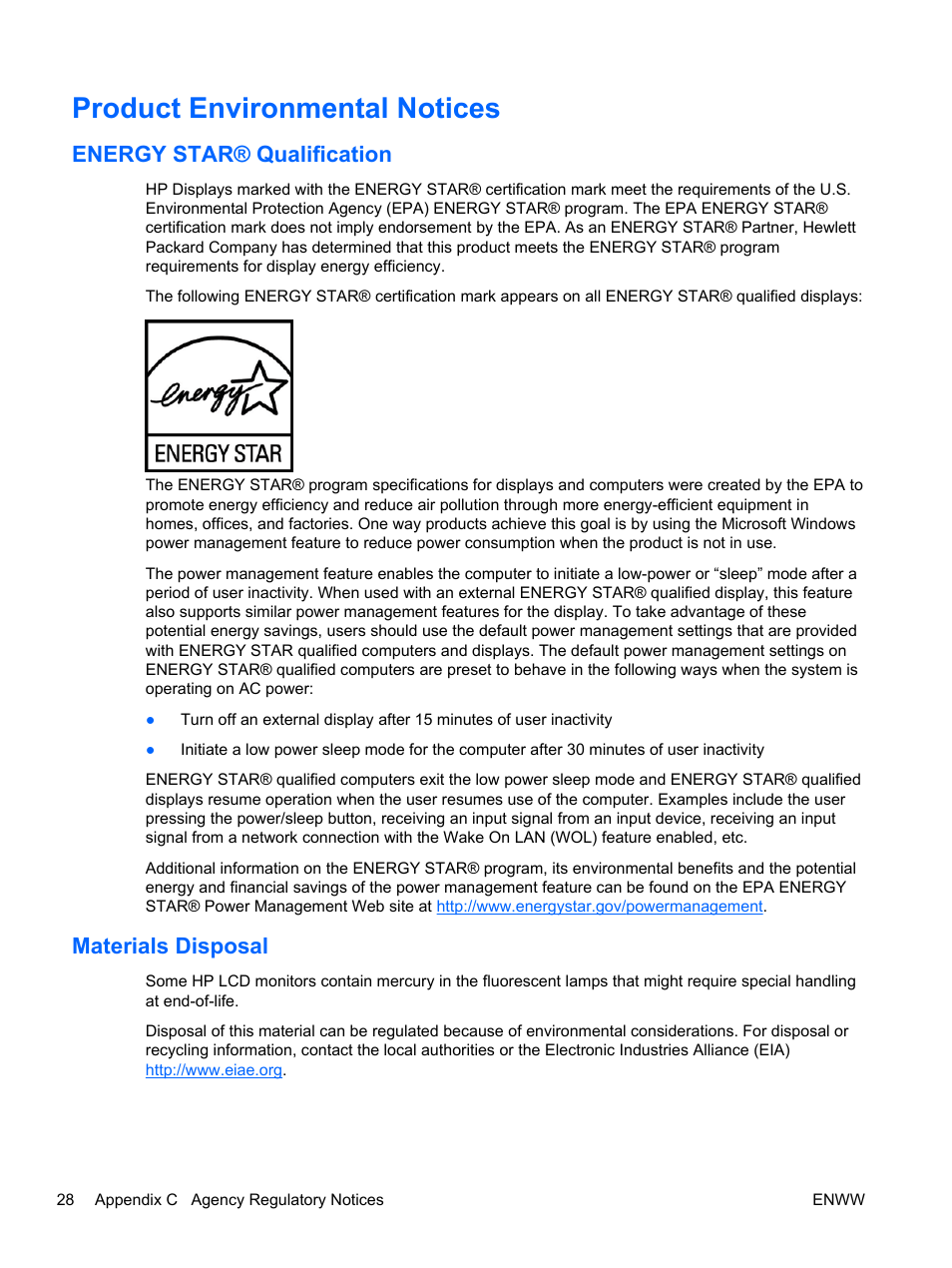 Product environmental notices, Energy star® qualification, Materials disposal | Energy star® qualification materials disposal | HP L1506x 15-inch Non-Touch Monitor User Manual | Page 34 / 37
