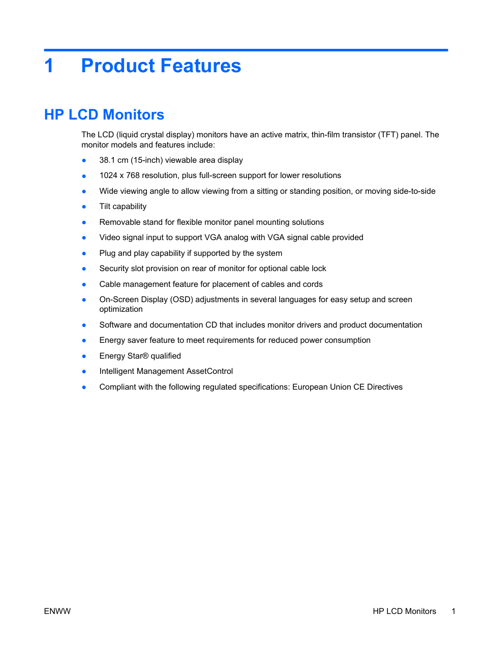 Product features, Hp lcd monitors, 1 product features | 1product features | HP L1506x 15-inch Non-Touch Monitor User Manual | Page 7 / 37