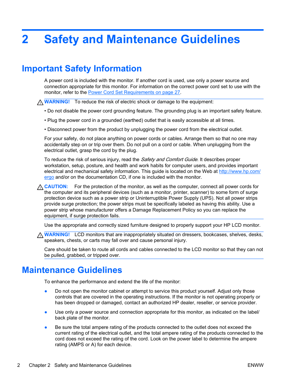 Safety and maintenance guidelines, Important safety information, Maintenance guidelines | 2 safety and maintenance guidelines, 2safety and maintenance guidelines | HP L1506x 15-inch Non-Touch Monitor User Manual | Page 8 / 37