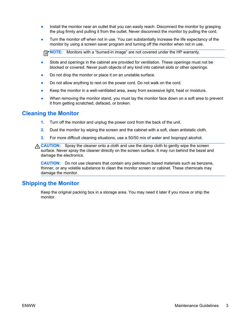 Cleaning the monitor, Shipping the monitor, Cleaning the monitor shipping the monitor | HP L1506x 15-inch Non-Touch Monitor User Manual | Page 9 / 37