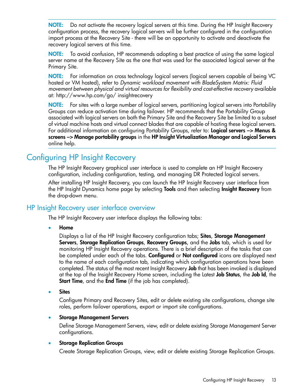 Configuring hp insight recovery, Hp insight recovery user interface overview | HP Matrix Operating Environment Software User Manual | Page 13 / 33