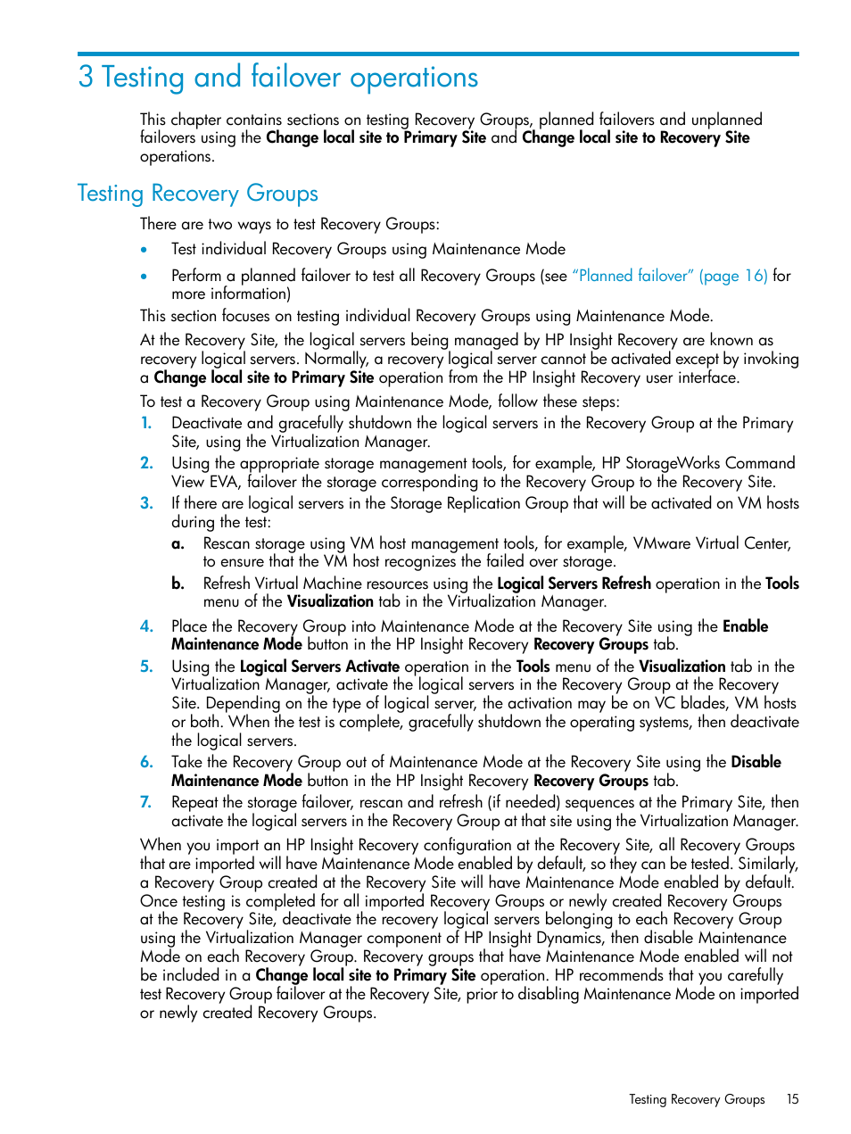 3 testing and failover operations, Testing recovery groups | HP Matrix Operating Environment Software User Manual | Page 15 / 33