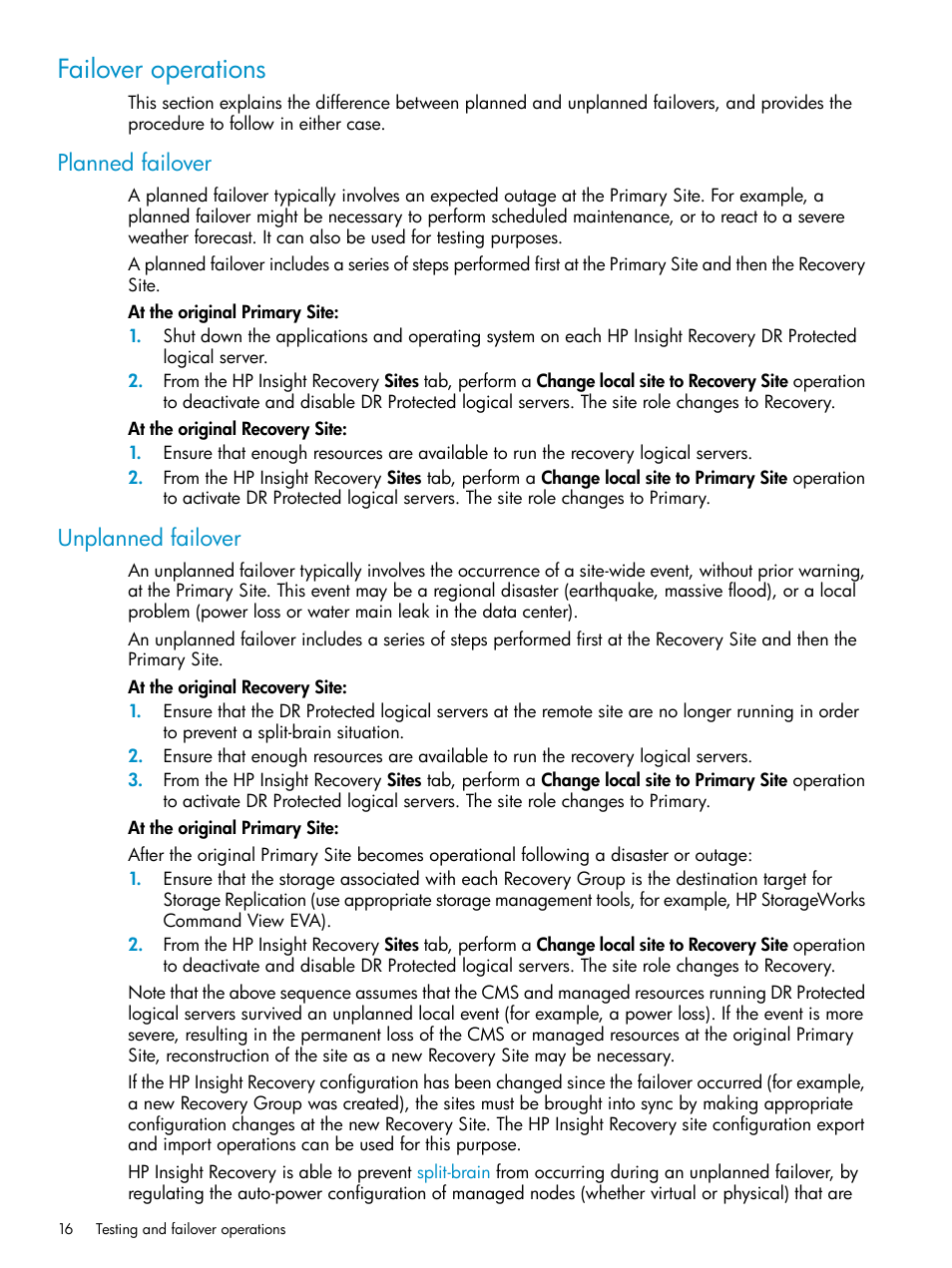 Failover operations, Planned failover, Unplanned failover | Planned failover unplanned failover | HP Matrix Operating Environment Software User Manual | Page 16 / 33