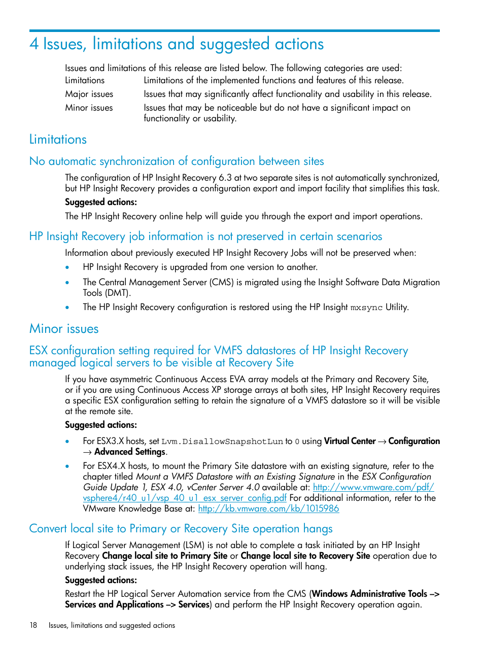 4 issues, limitations and suggested actions, Limitations, Minor issues | HP Matrix Operating Environment Software User Manual | Page 18 / 33