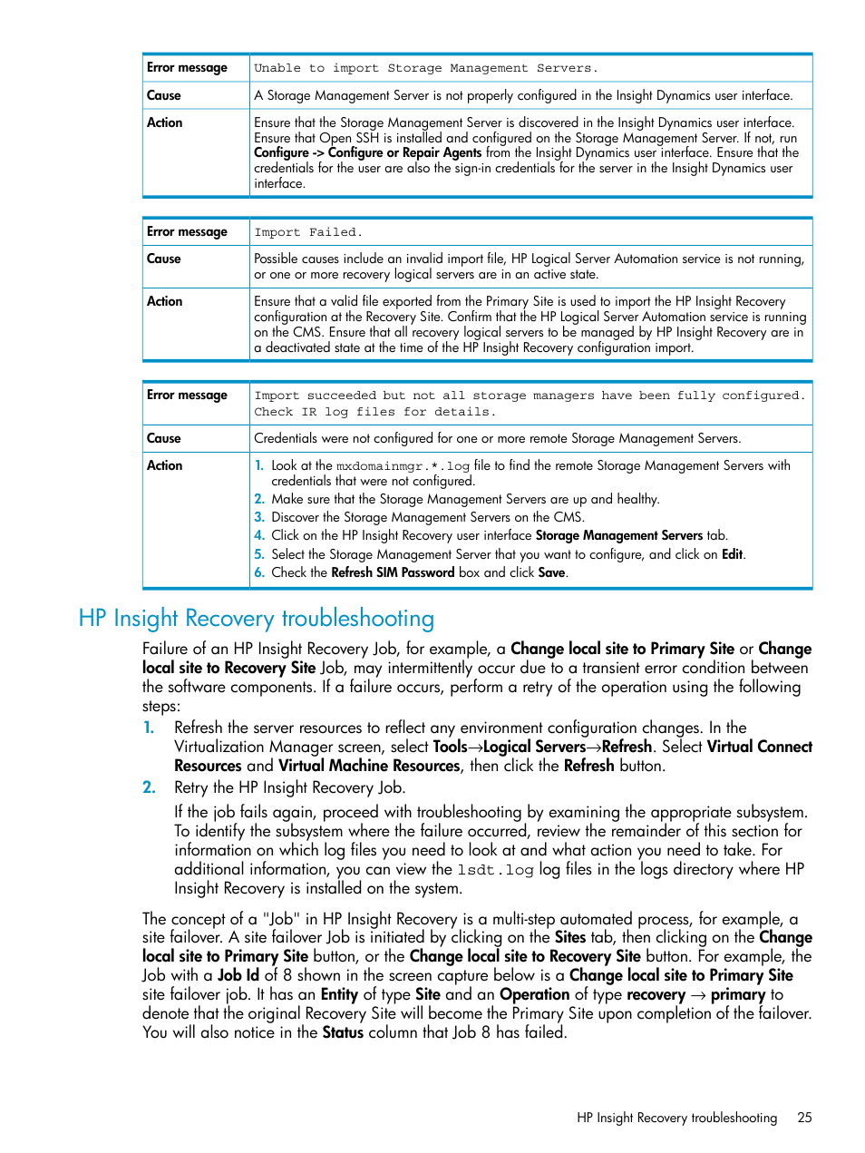 Hp insight recovery troubleshooting | HP Matrix Operating Environment Software User Manual | Page 25 / 33