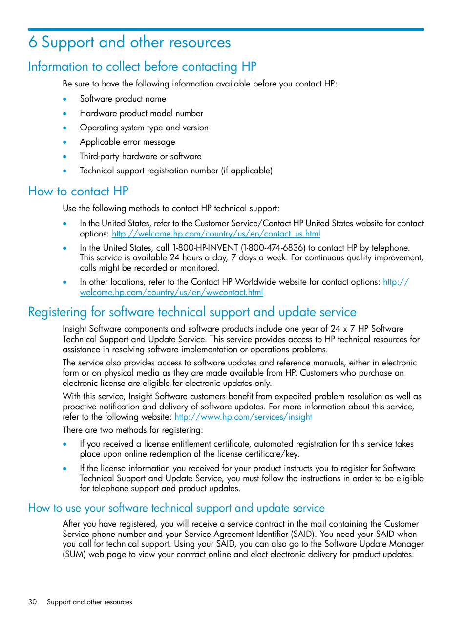 6 support and other resources, Information to collect before contacting hp, How to contact hp | HP Matrix Operating Environment Software User Manual | Page 30 / 33