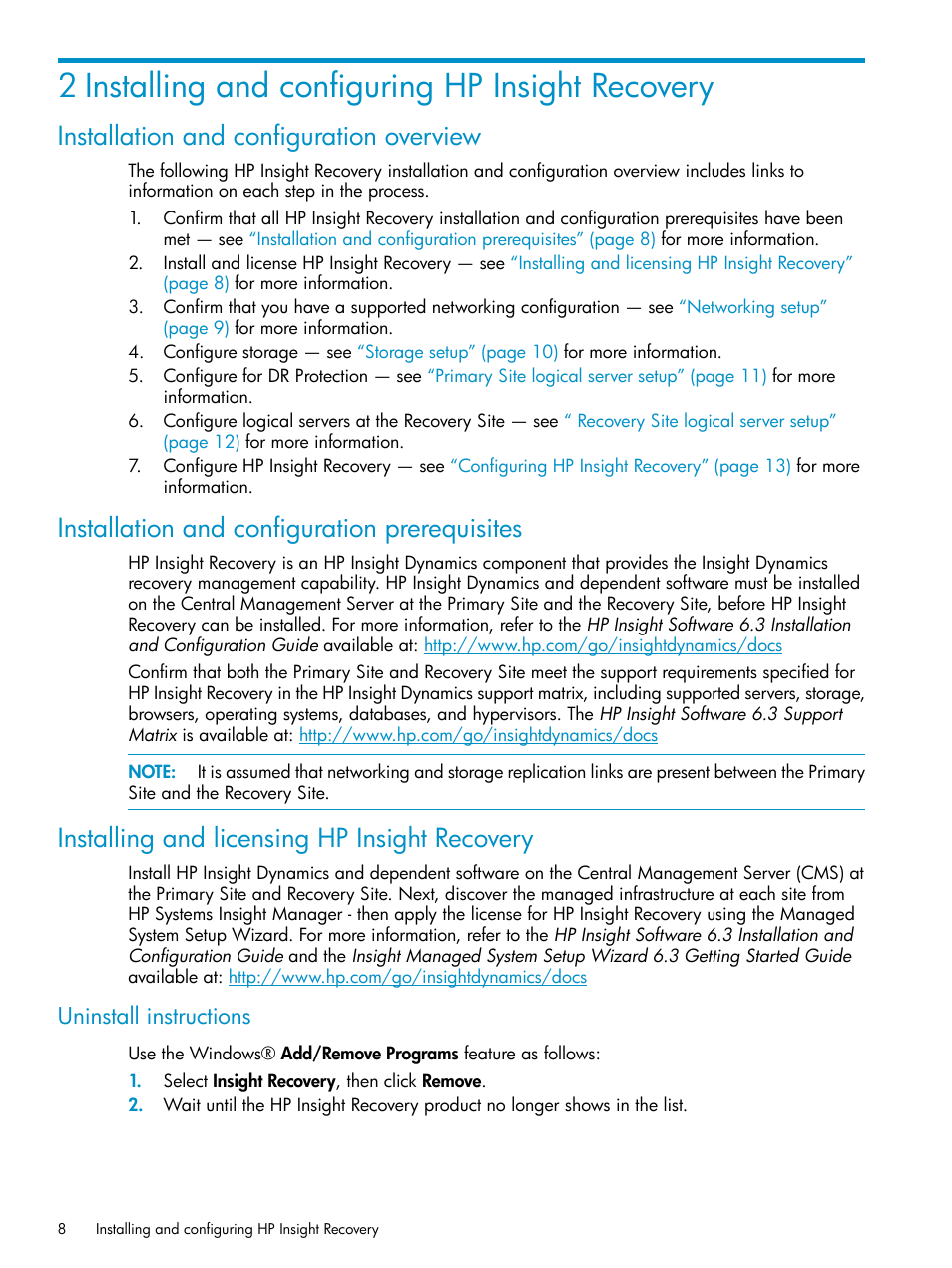 2 installing and configuring hp insight recovery, Installation and configuration overview, Installation and configuration prerequisites | Installing and licensing hp insight recovery, Uninstall instructions | HP Matrix Operating Environment Software User Manual | Page 8 / 33