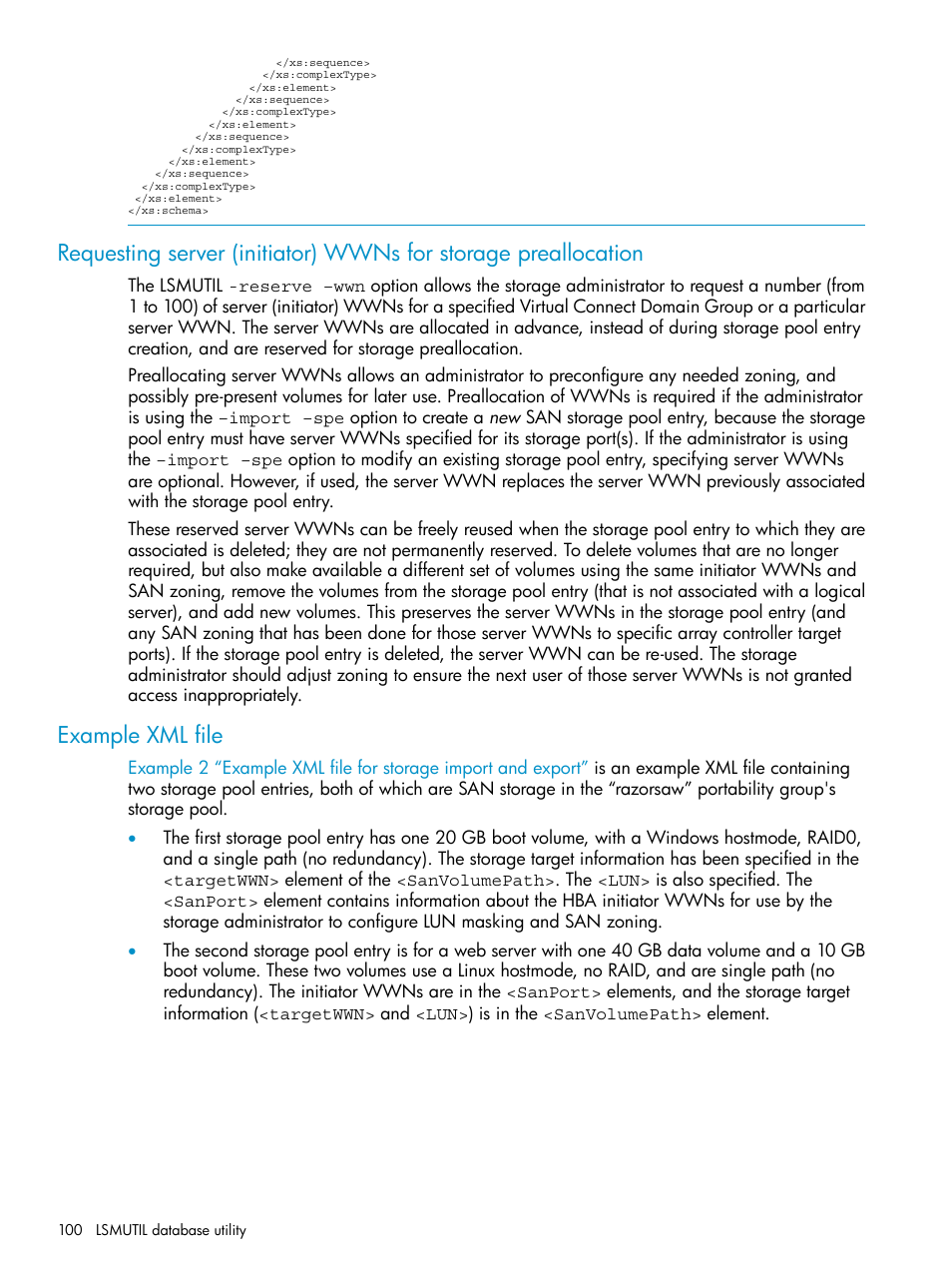 Example xml file, Requesting server (initiator) wwns for | HP Matrix Operating Environment Software User Manual | Page 100 / 136