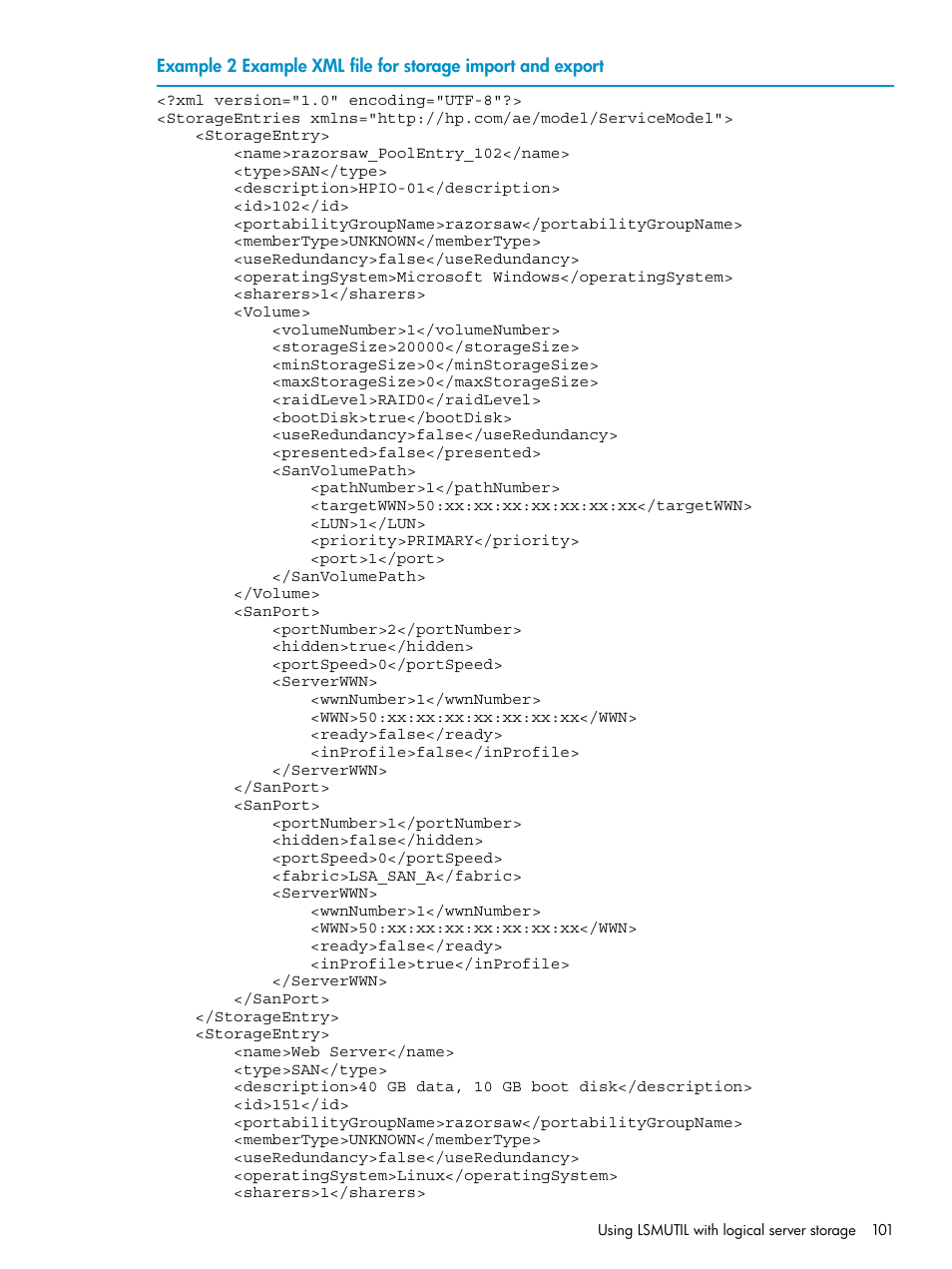 Example 2 “example xml file for storage, Import and export | HP Matrix Operating Environment Software User Manual | Page 101 / 136