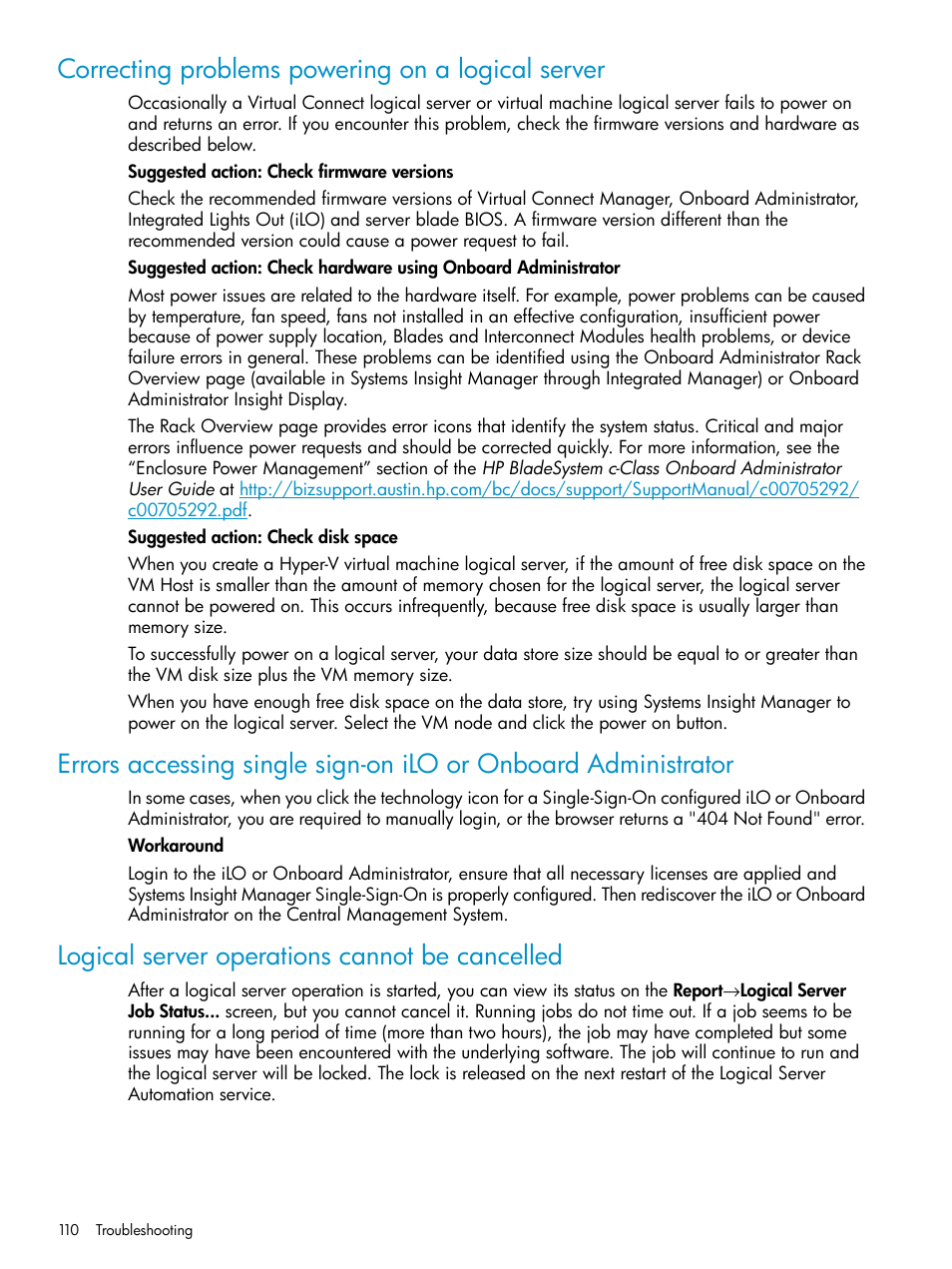 Correcting problems powering on a logical server, Logical server operations cannot be cancelled | HP Matrix Operating Environment Software User Manual | Page 110 / 136