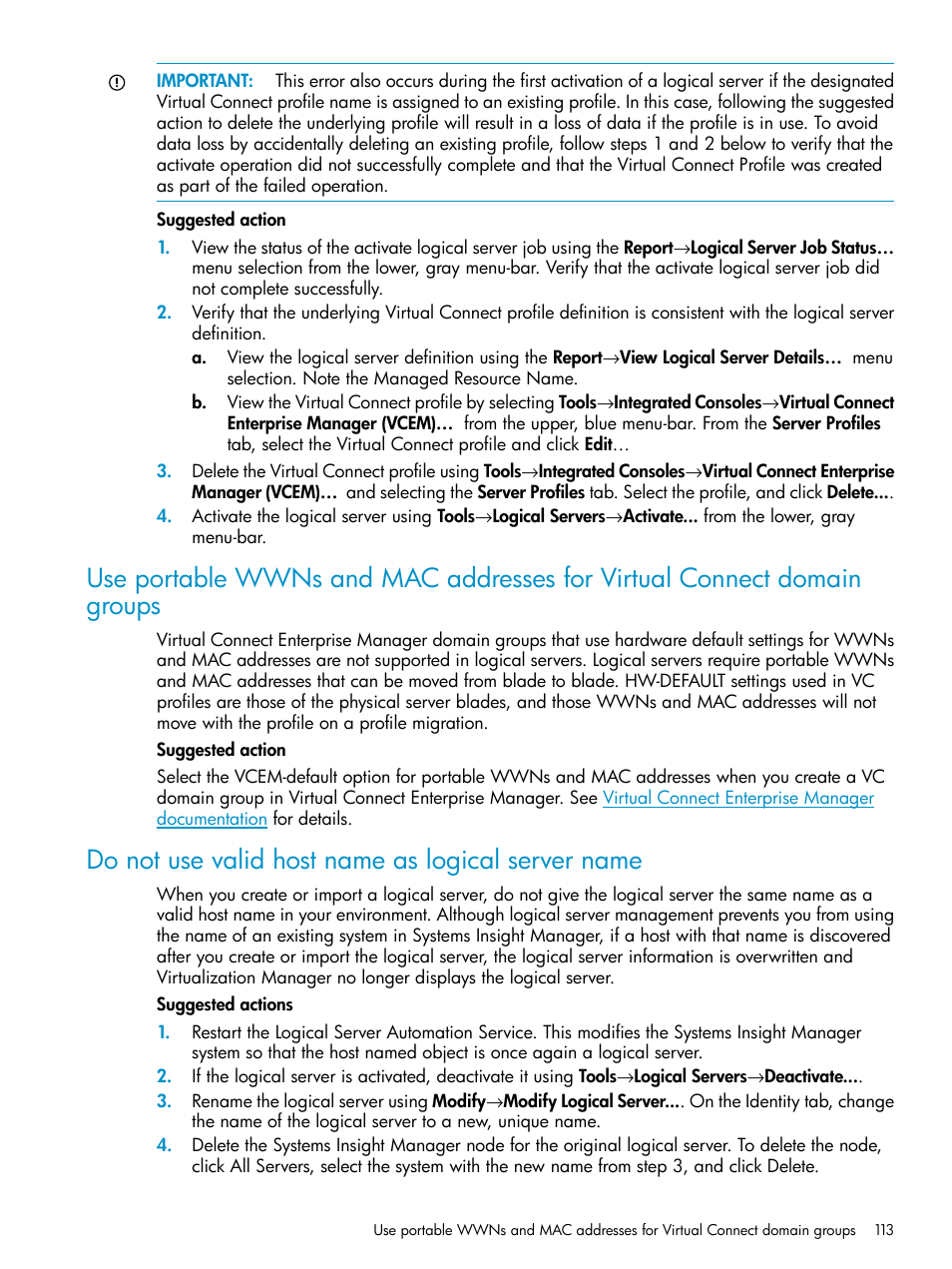 Do not use valid host name as logical server name | HP Matrix Operating Environment Software User Manual | Page 113 / 136
