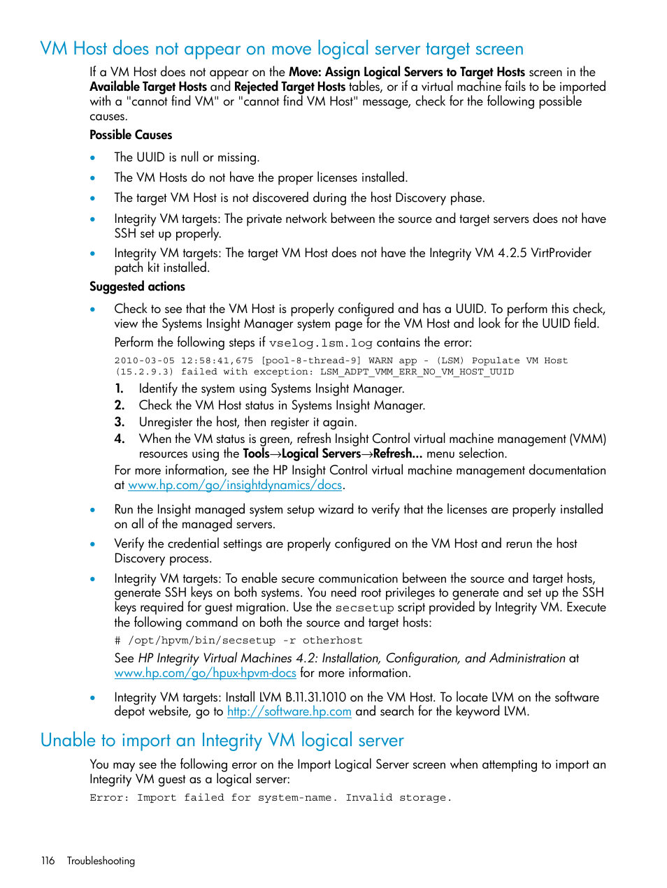 Unable to import an integrity vm logical server | HP Matrix Operating Environment Software User Manual | Page 116 / 136