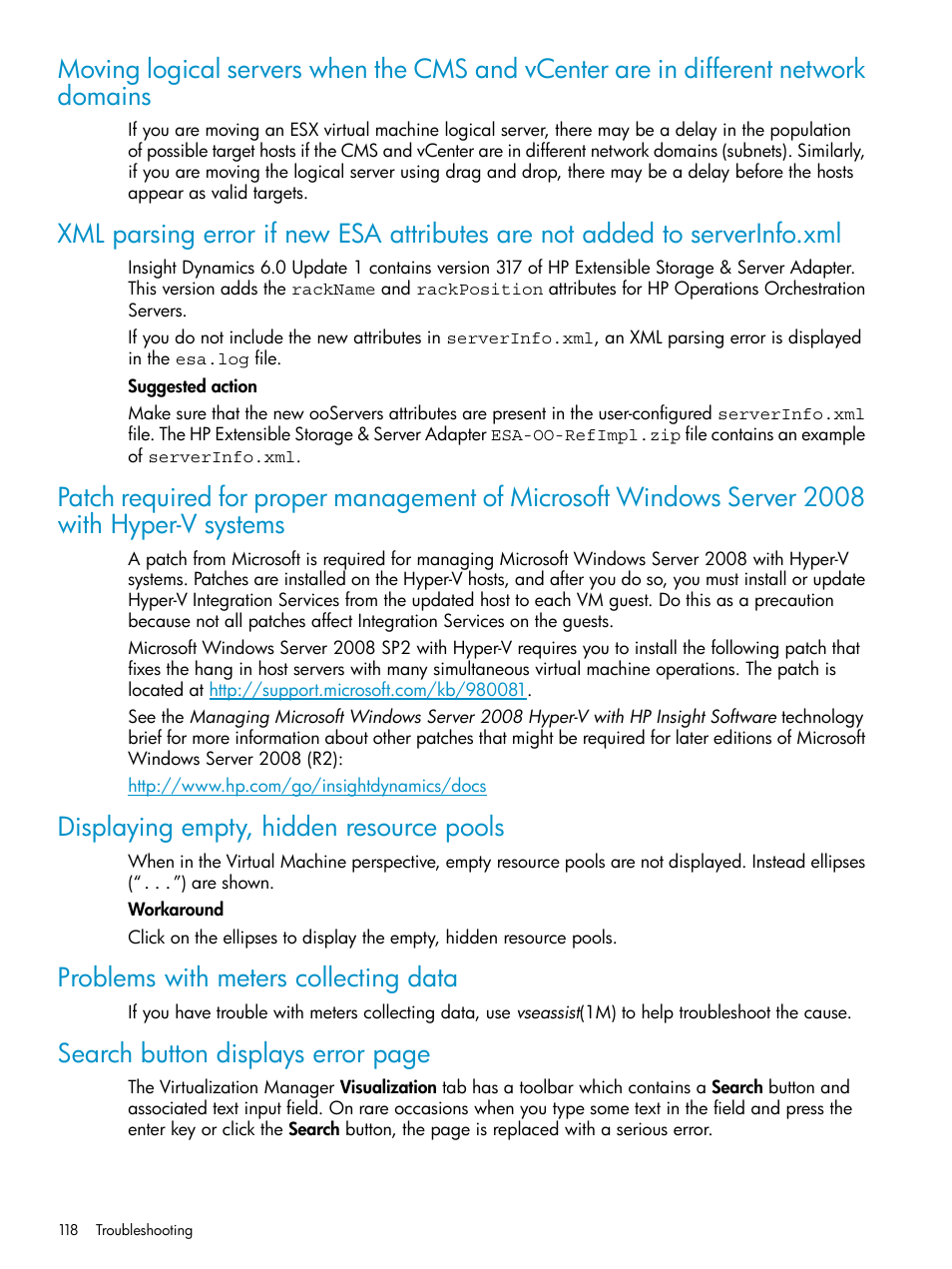 Displaying empty, hidden resource pools, Problems with meters collecting data, Search button displays error page | HP Matrix Operating Environment Software User Manual | Page 118 / 136