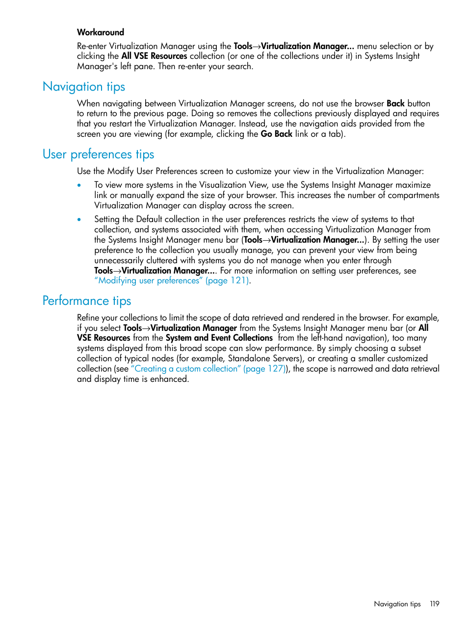 Navigation tips, User preferences tips, Performance tips | HP Matrix Operating Environment Software User Manual | Page 119 / 136