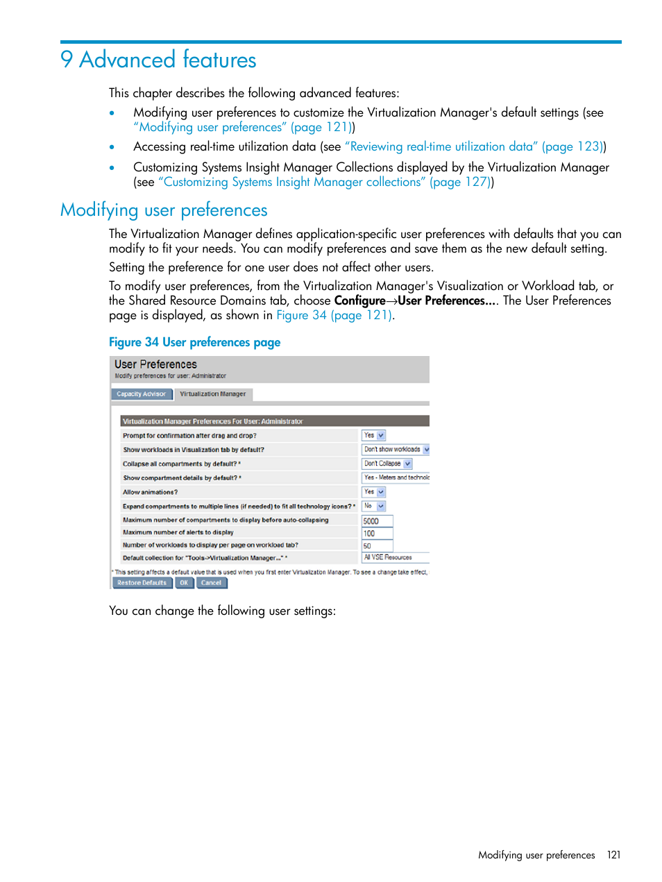 9 advanced features, Modifying user preferences | HP Matrix Operating Environment Software User Manual | Page 121 / 136