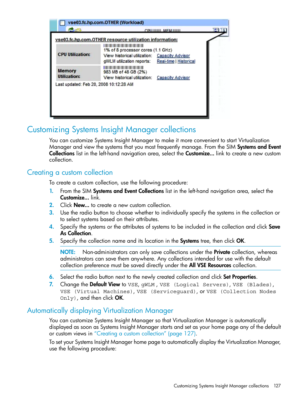 Customizing systems insight manager collections, Creating a custom collection, Automatically displaying virtualization manager | Customizing systems insight manager | HP Matrix Operating Environment Software User Manual | Page 127 / 136