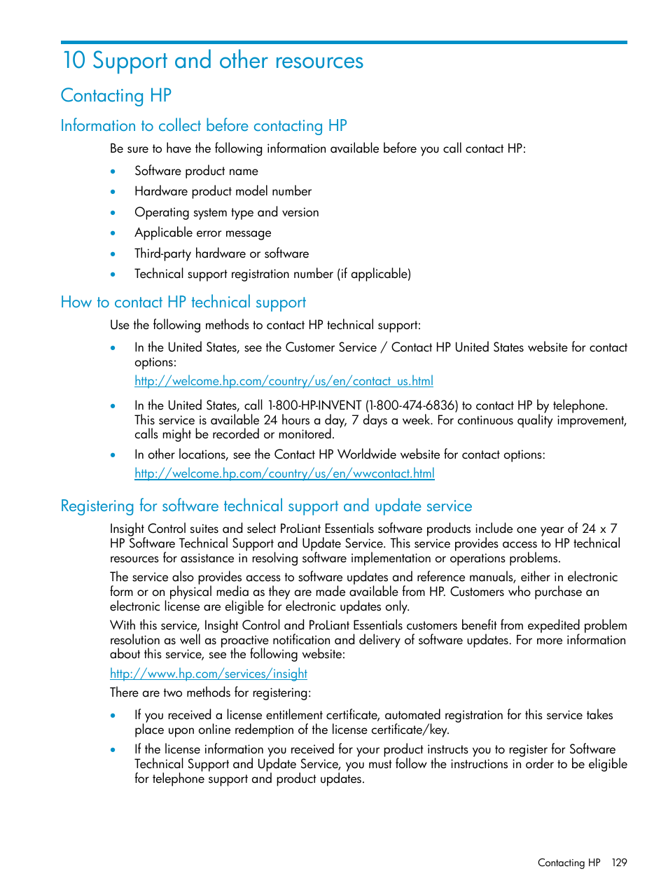 10 support and other resources, Contacting hp, Information to collect before contacting hp | How to contact hp technical support | HP Matrix Operating Environment Software User Manual | Page 129 / 136