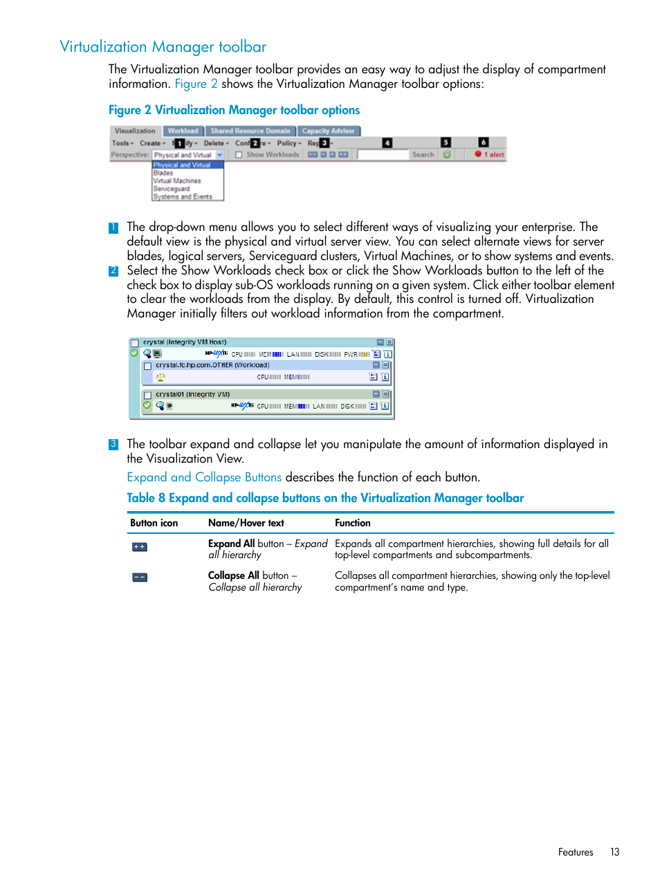 Virtualization manager toolbar | HP Matrix Operating Environment Software User Manual | Page 13 / 136