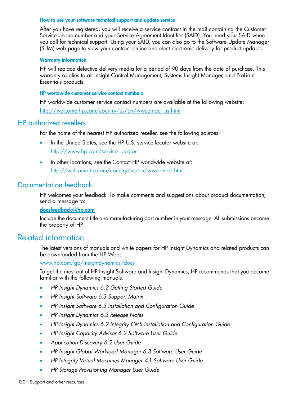 Hp authorized resellers, Documentation feedback, Related information | Hp authorized resellers documentation feedback | HP Matrix Operating Environment Software User Manual | Page 130 / 136