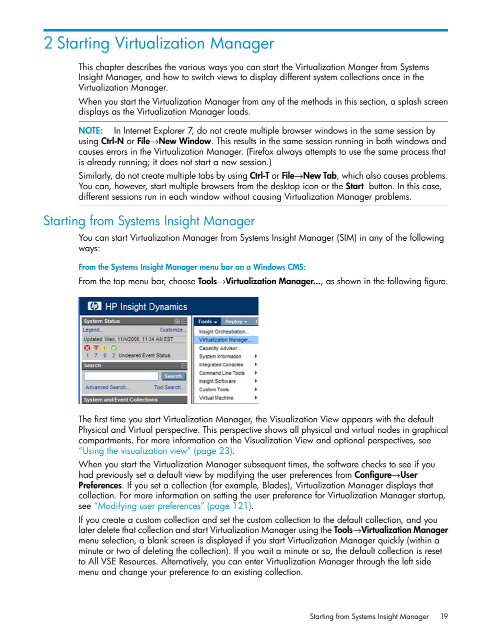 2 starting virtualization manager, Starting from systems insight manager | HP Matrix Operating Environment Software User Manual | Page 19 / 136