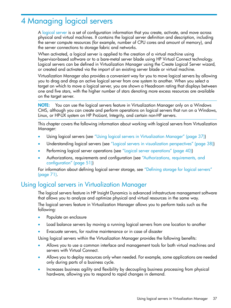 4 managing logical servers, Using logical servers in virtualization manager, Chapter 4 | HP Matrix Operating Environment Software User Manual | Page 37 / 136