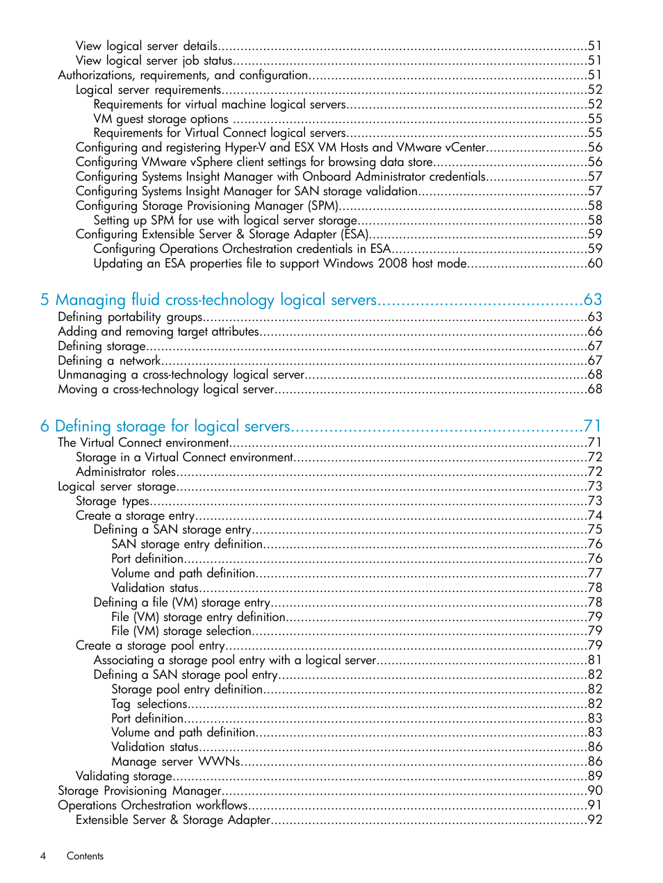 5 managing fluid cross-technology logical servers, 6 defining storage for logical servers | HP Matrix Operating Environment Software User Manual | Page 4 / 136
