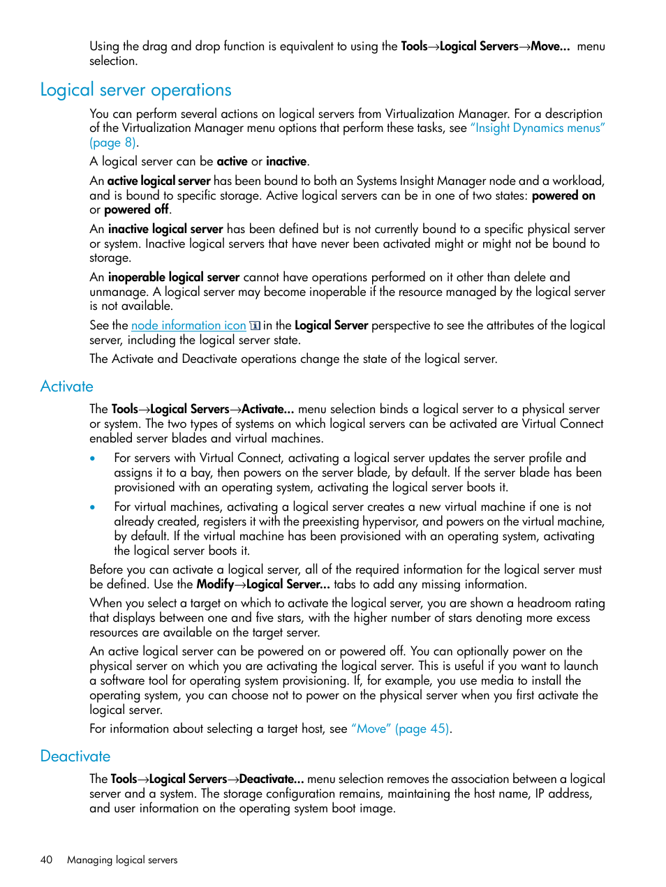 Logical server operations, Activate, Deactivate | Activate deactivate | HP Matrix Operating Environment Software User Manual | Page 40 / 136