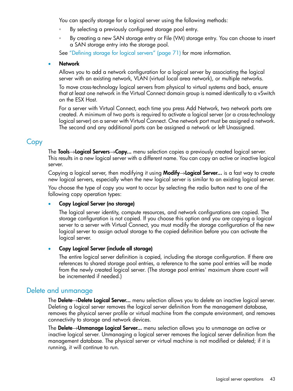 Copy, Delete and unmanage, Copy delete and unmanage | HP Matrix Operating Environment Software User Manual | Page 43 / 136